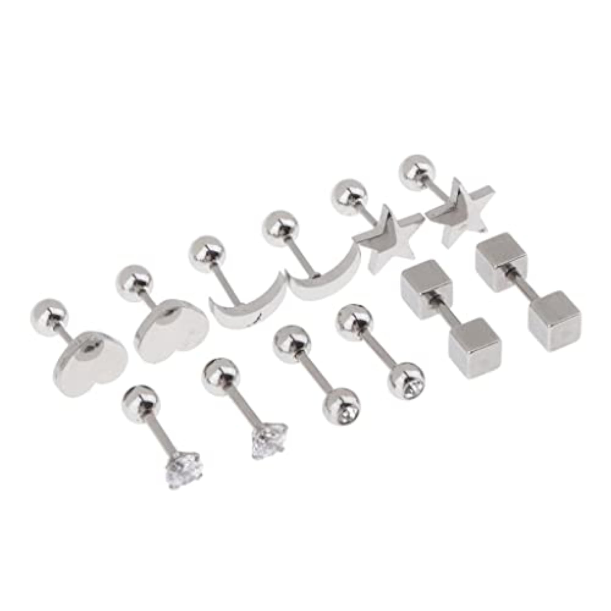 6 Pairs Stainless Steel Star Heart Moon Stud Earrings Set